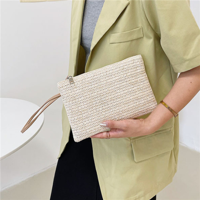 Wristlet Wallet Zipper - Fashion Ladies Solid Straw Woven Clutch