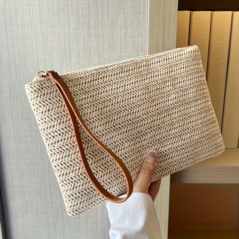 Natural Straw Woven Clutch Bag - Wristlet Wallet Zipper ulasan dan harga